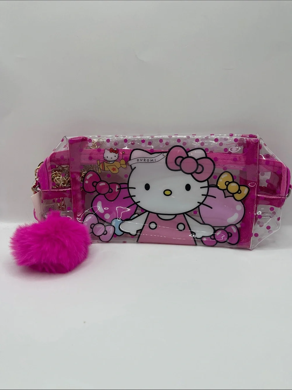 Hello Kitty Clear Pink Vinyl Bag with Pom Pom & Chain